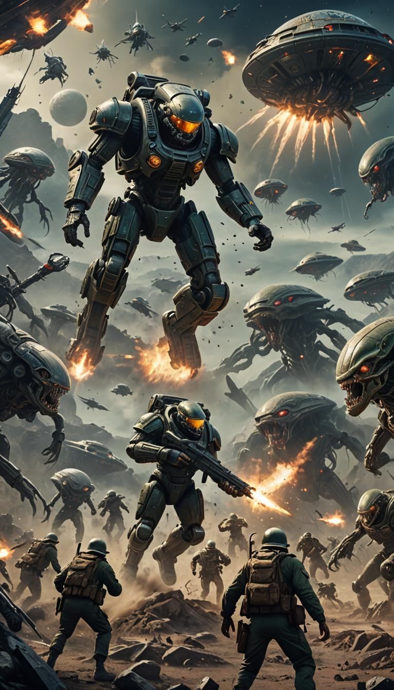 WWII Soldier's Fight Against Aliens: Detailed Matte Painting