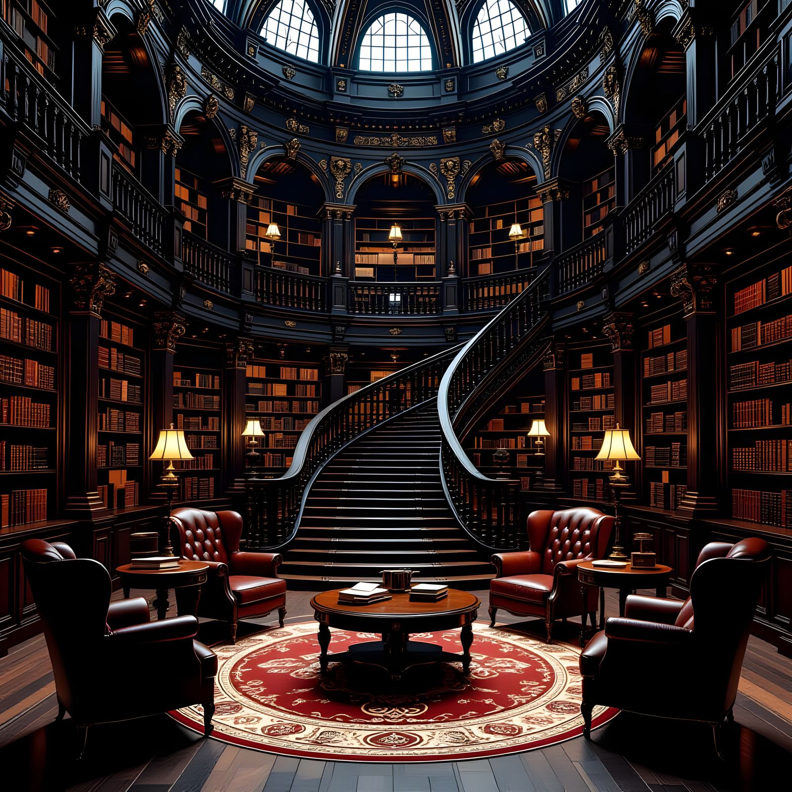 Victorian Library with Circular Stairway: Digital Painting