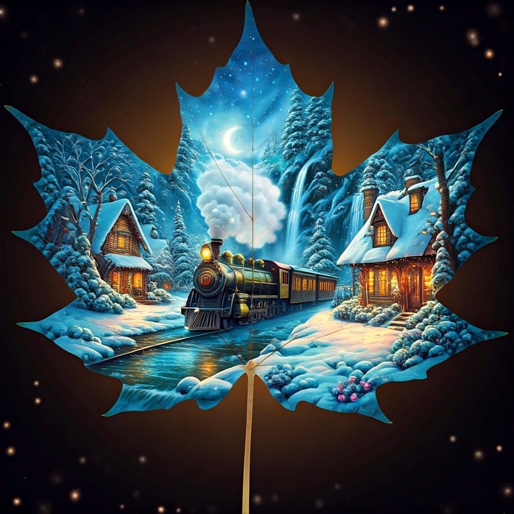 Steampunk Train in Winter Village Maple Leaf