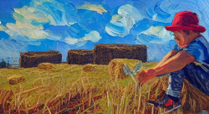 Boy Sleeping on Hay Bales as Impasto Oil Painting