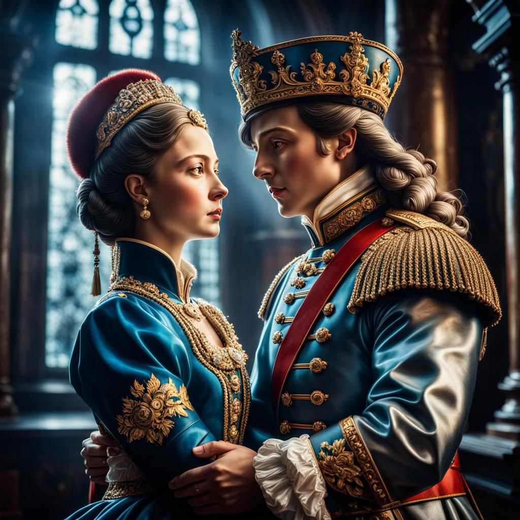 Peter the Great Embraces Eudoxia: Hyperrealistic Portrait