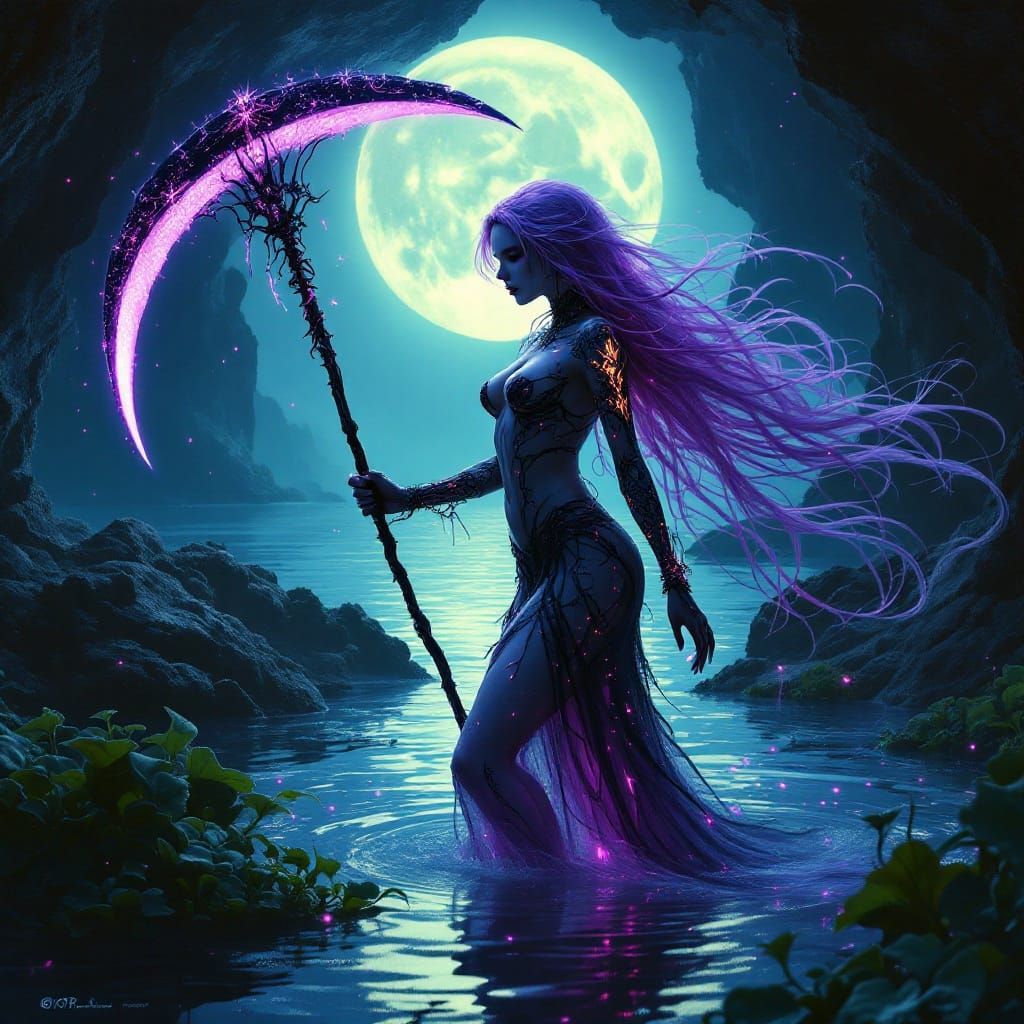 Gothic Fairy in Moonlit Cove, Inspired by Artgerm and Mucha