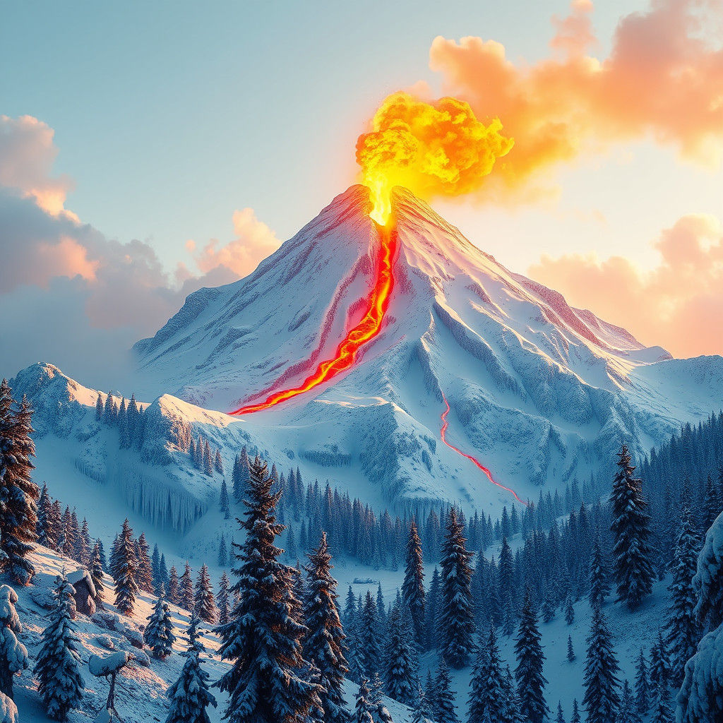 Volcano Erupts Lava in Winter Wonderland