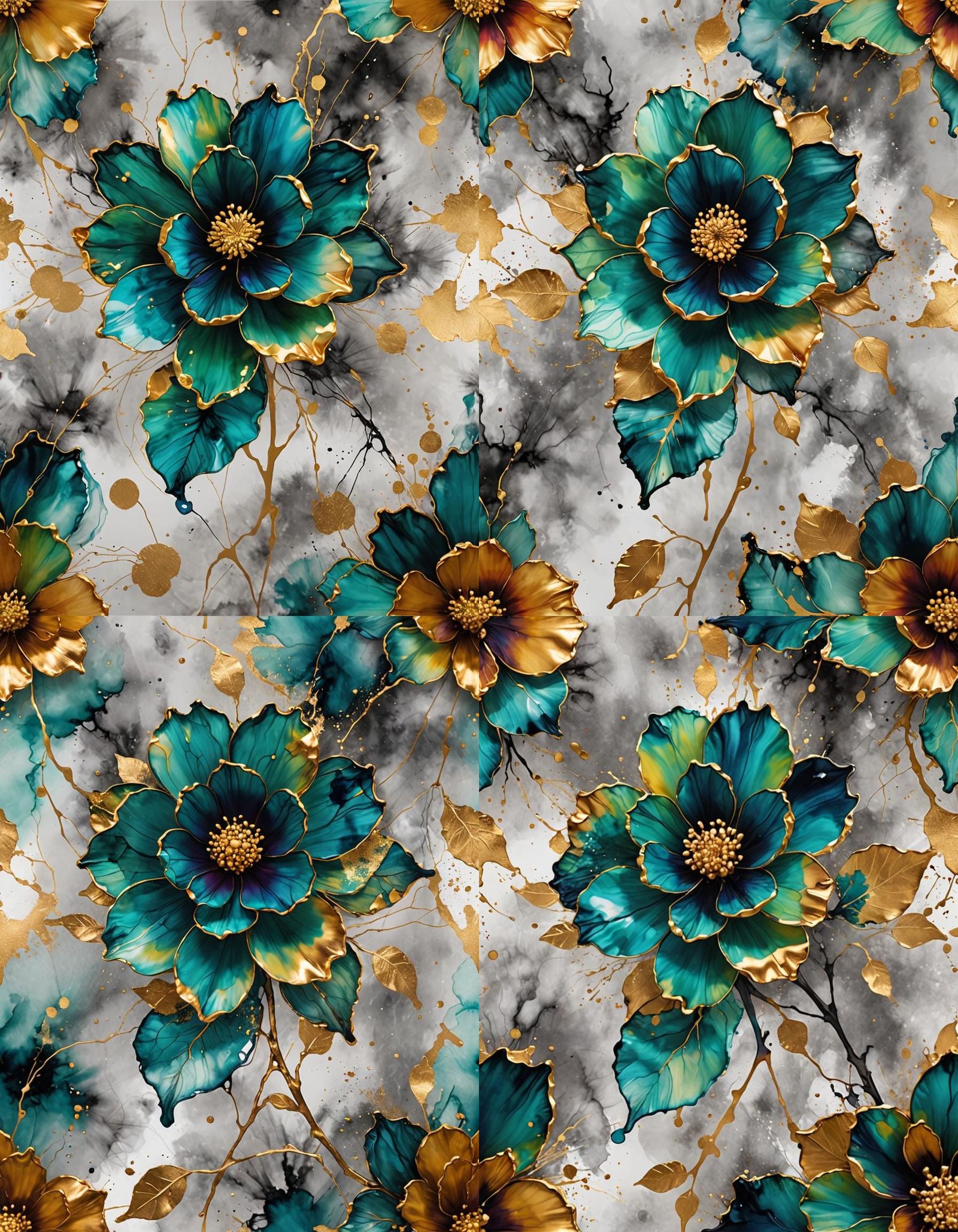 Abstract Flower with Alcohol Ink and Gold Outlines