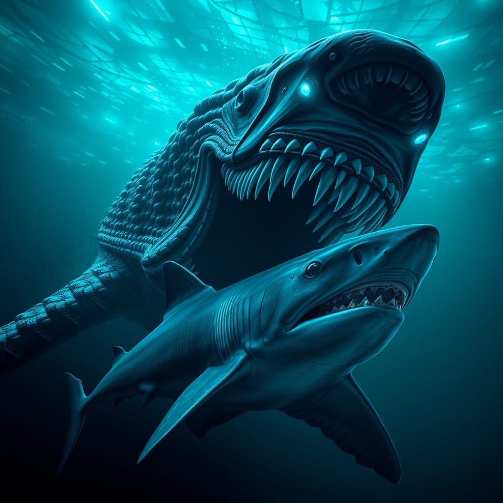 Deep Sea Monster Engulfs Megalodon in Bioluminescent Abyss
