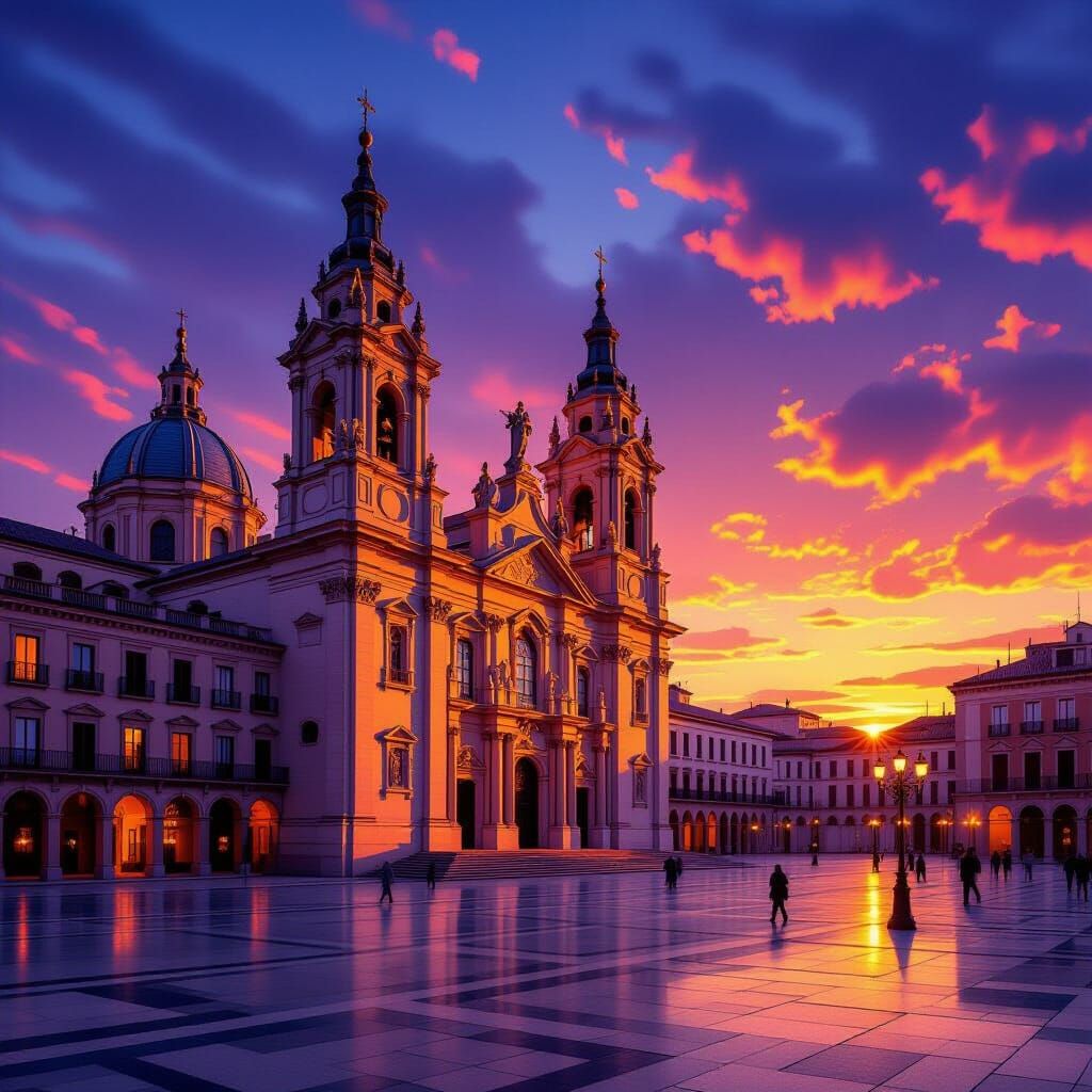 Baroque Basílica del Pilar at Sunset in Digital Painting Sty...