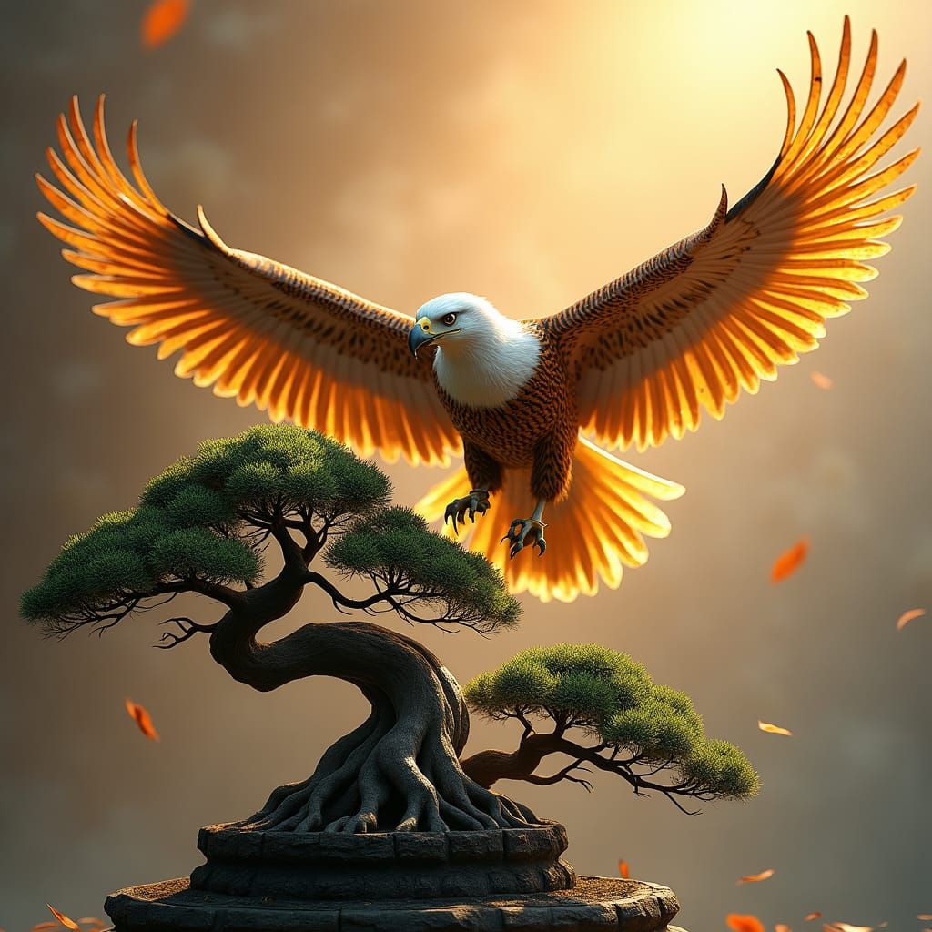 Eagle Soaring with Fans Over Bonsai Tree