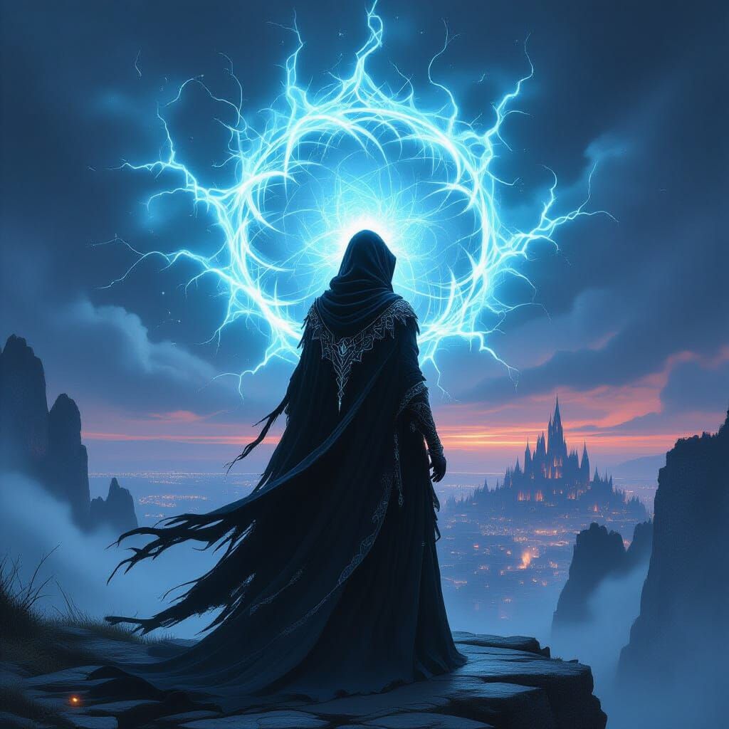 A sorceress, cloaked in shadow and adorned with arcane symbo...