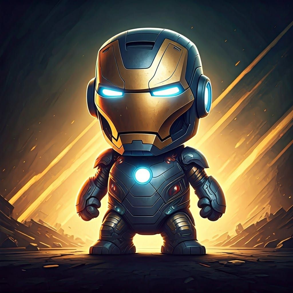 Whimsical Iron Man Chibi in Dramatic, Rembrandt-Inspired Sce...
