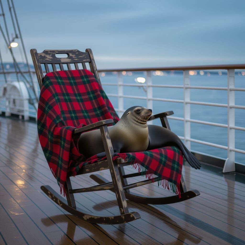 Futuristic Steamship Deck with Rocking Chair and Sea Lion