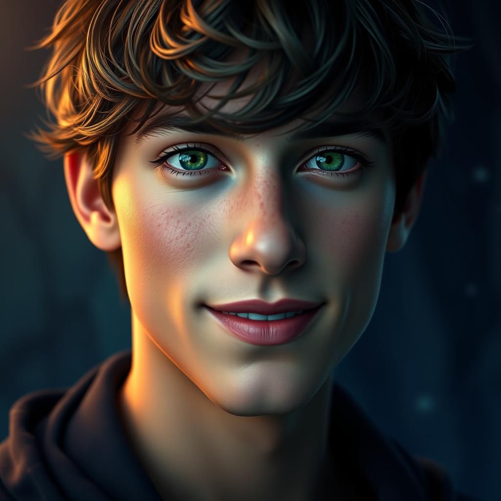 Captivating Green-Eyed Youth in Dreamlike Fantasy Art
