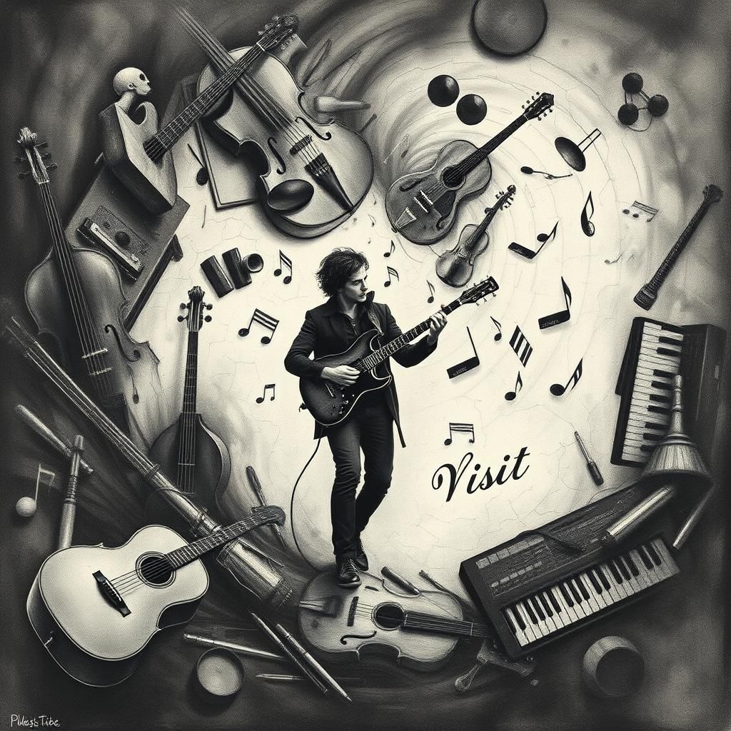Musician and Instruments in Charcoal Style on Vinyl