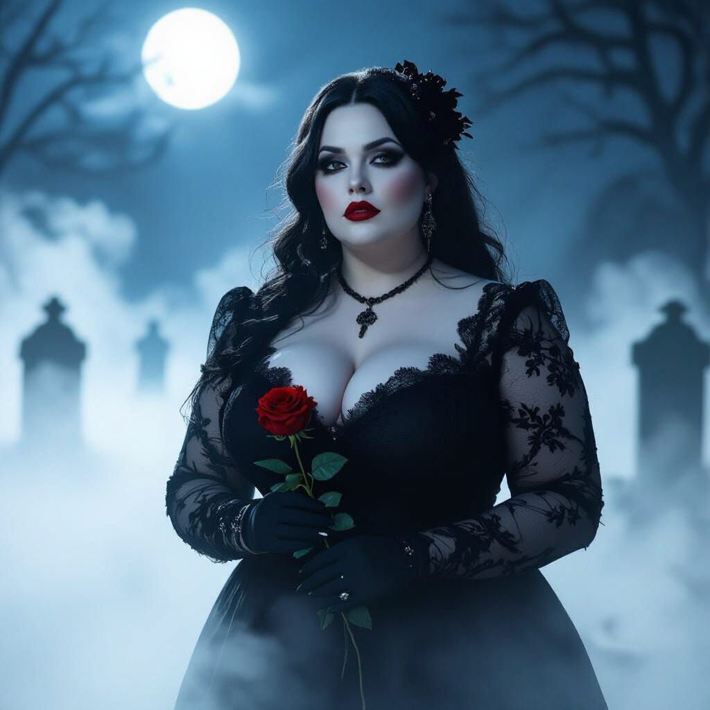 Gothic Woman in Misty Graveyard at Night