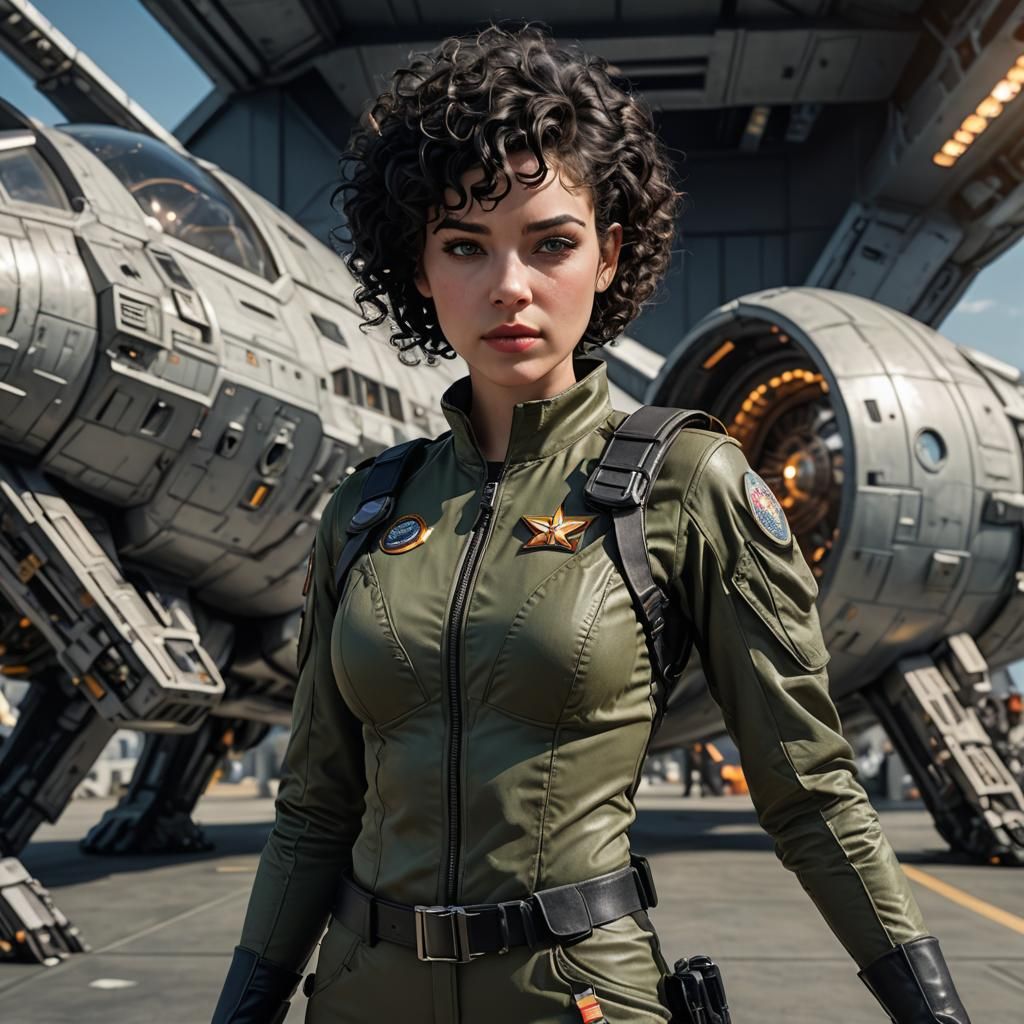 Model in Army Uniform Outside Spaceship, Marvel Comics Style