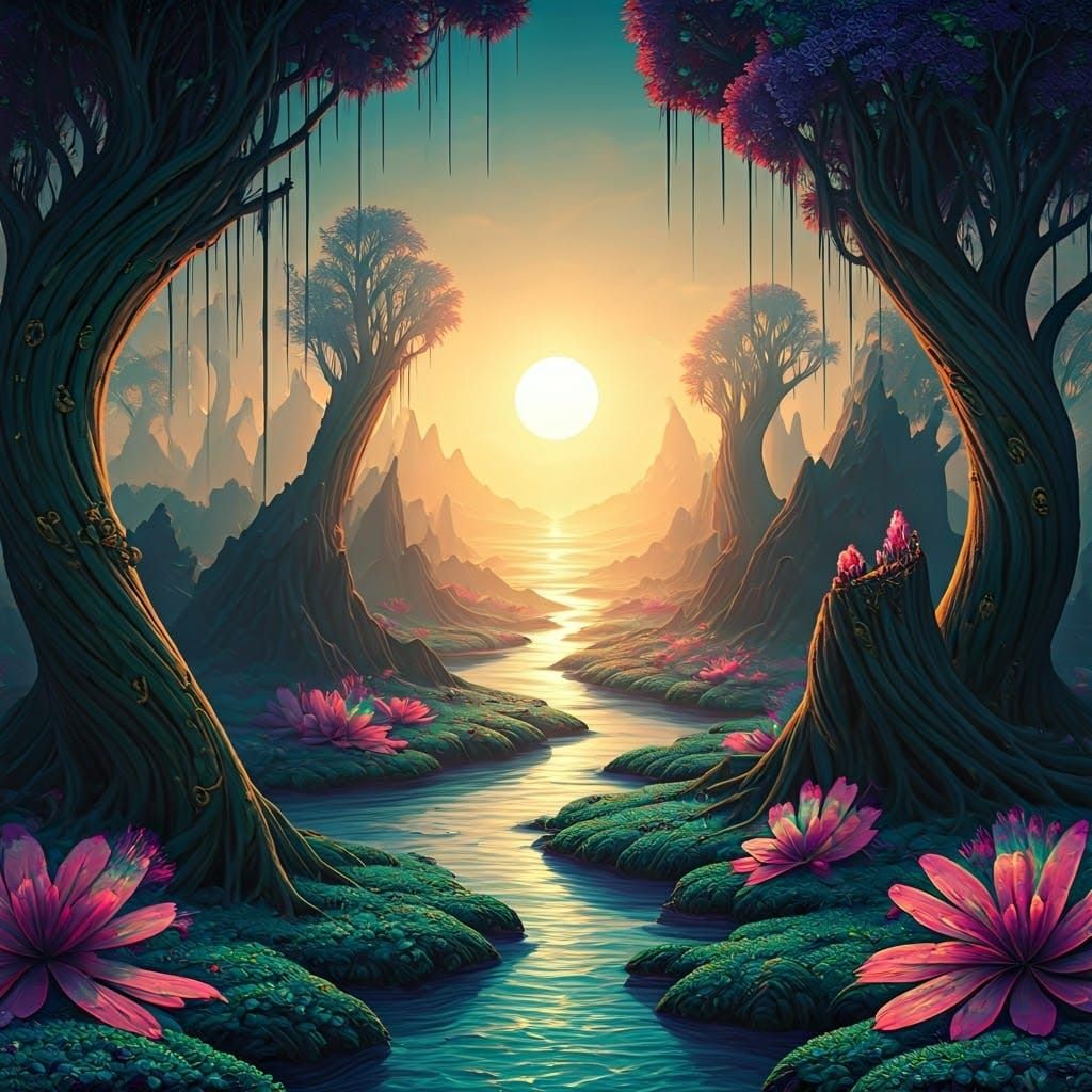 Surreal Alien Planet with Bioluminescent Flora