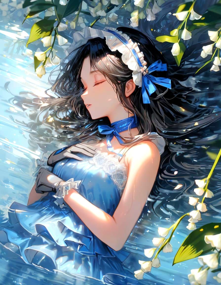 Ethereal Girl on Water with Flowers and Lace