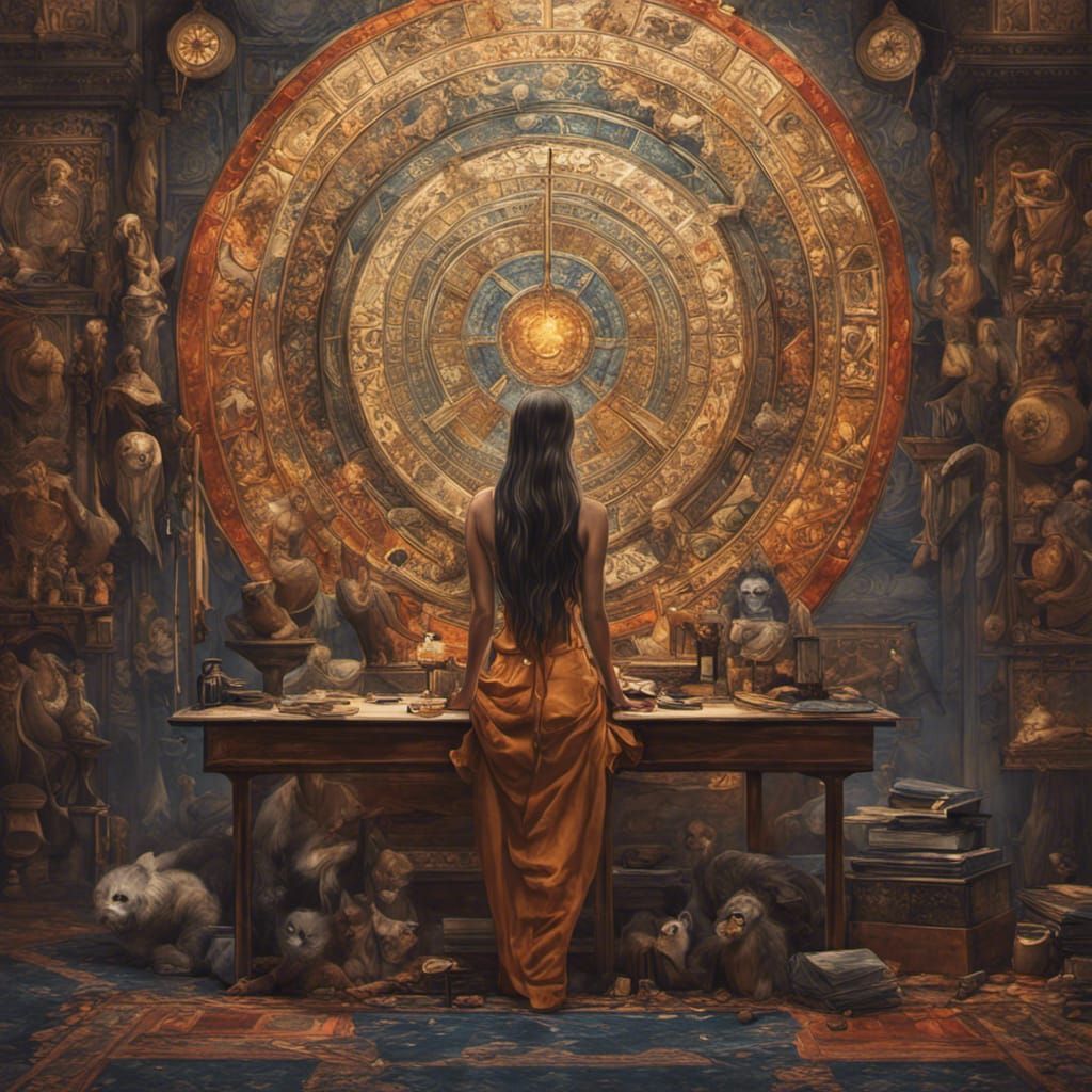 Mystical Priestess with Zodiac Chart Digital Art