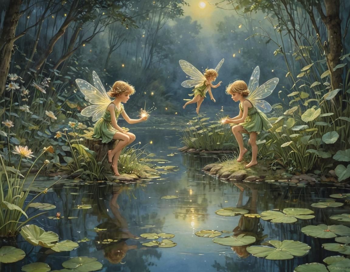 Flower Fairies Admire Fireflies in a Detailed Illustration