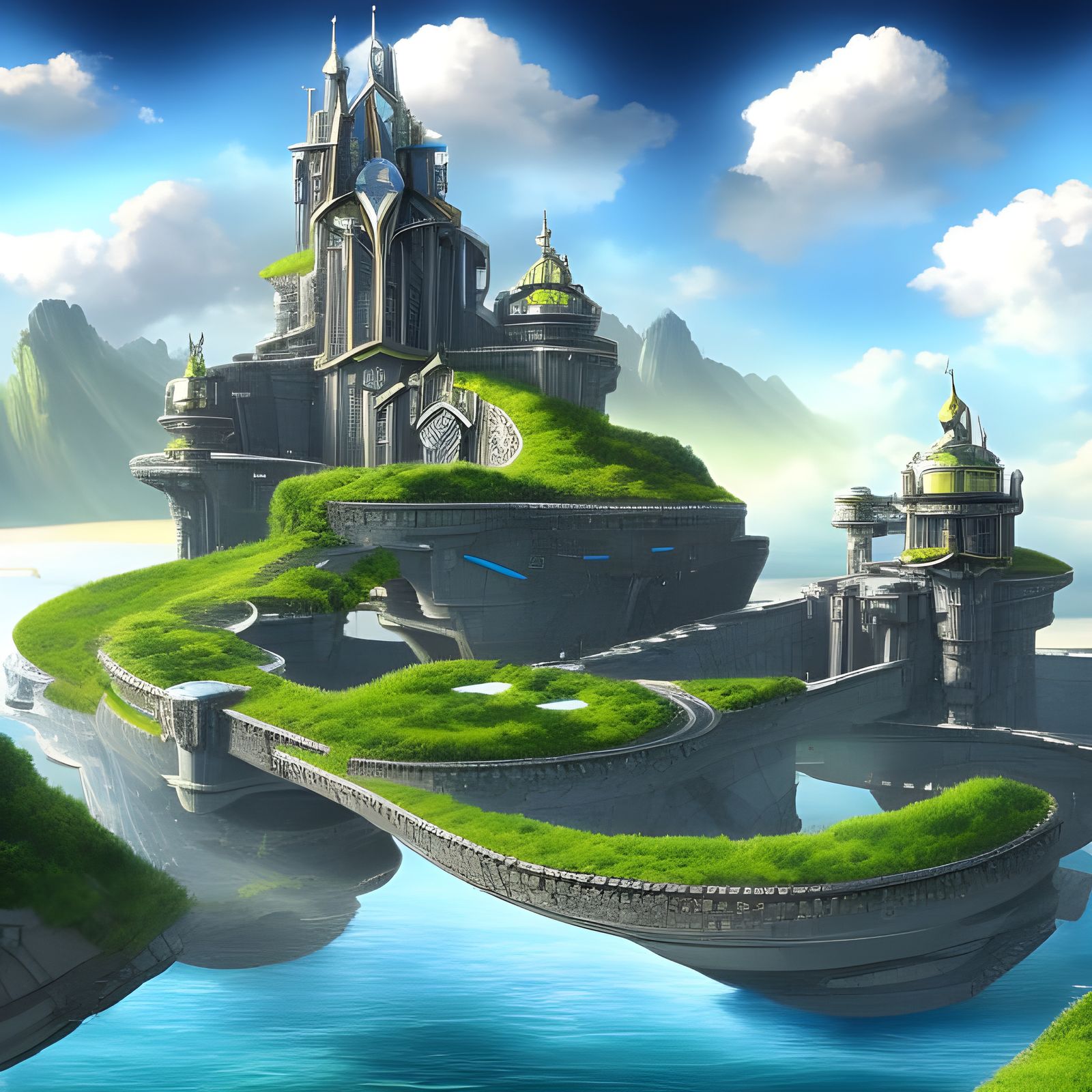 Majestic Futuristic Castle on Isle: Digital Painting