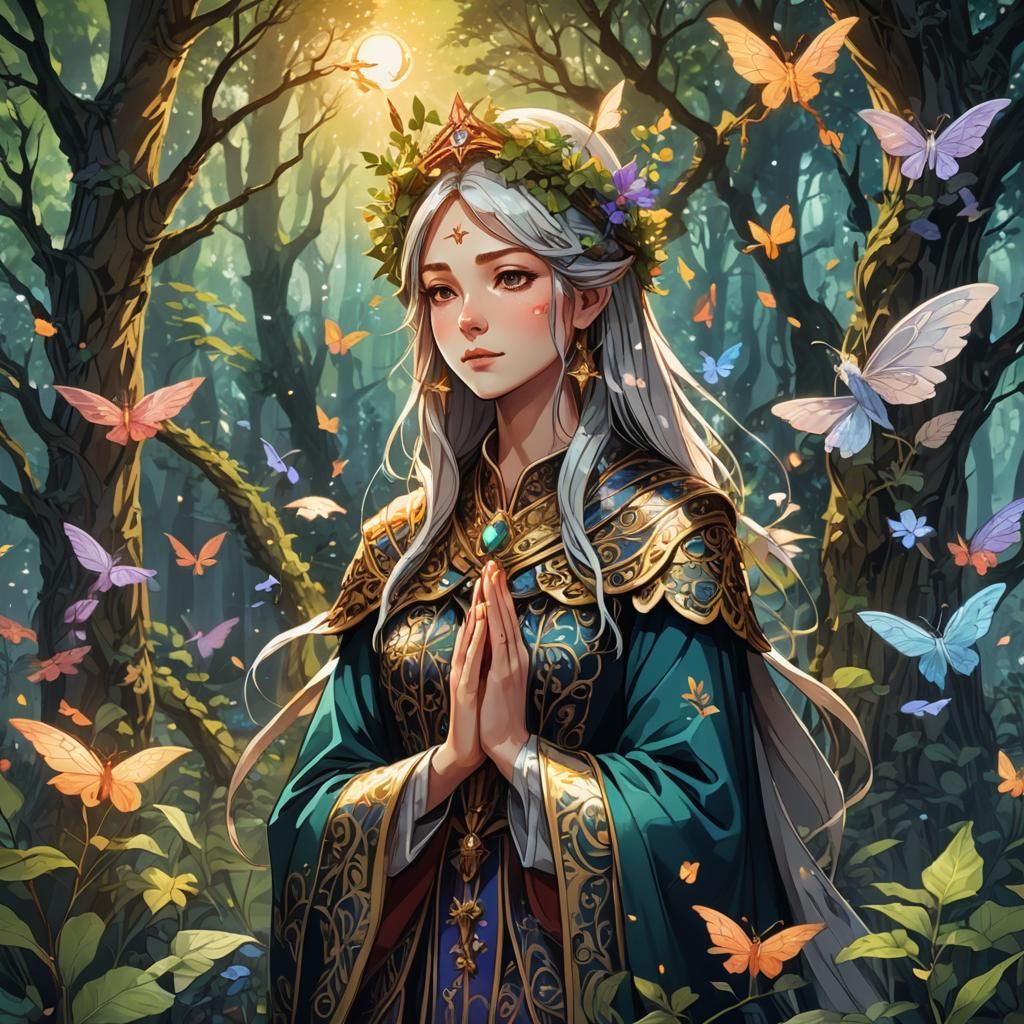 Medieval Cleric Praying with Fairies: Anime Style