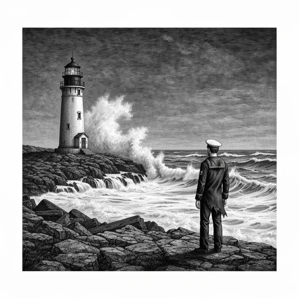 Stormy Seas: Lighthouse in Dreamlike Ink Drawing
