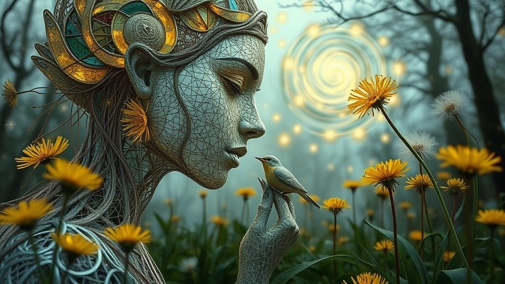 Woman of Strings Kissing Bird: Eco-Art Portrait