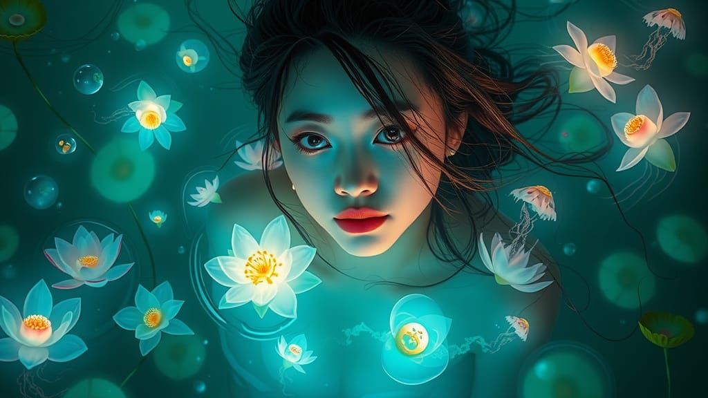 Bioluminescent Dream: Woman in Underwater Garden