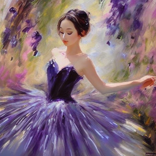 Ballerina in a Lavender Princess Gown, Standing on Stage