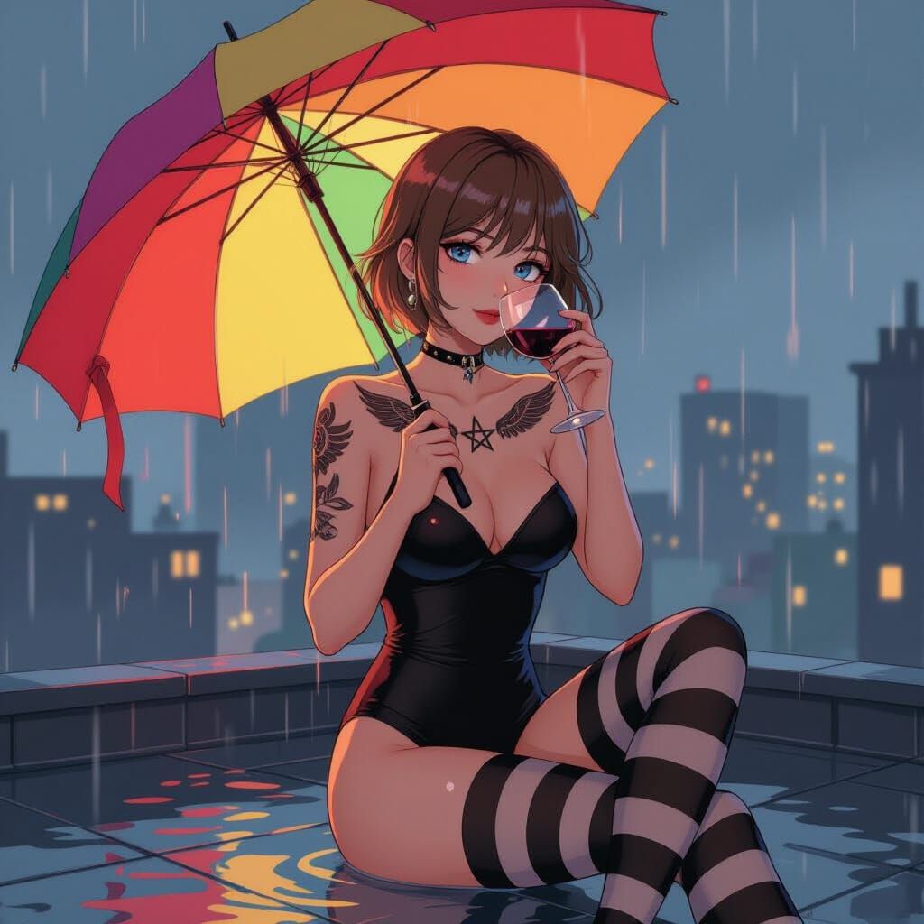 Anime Woman Sipping Wine on Rainy Rooftop