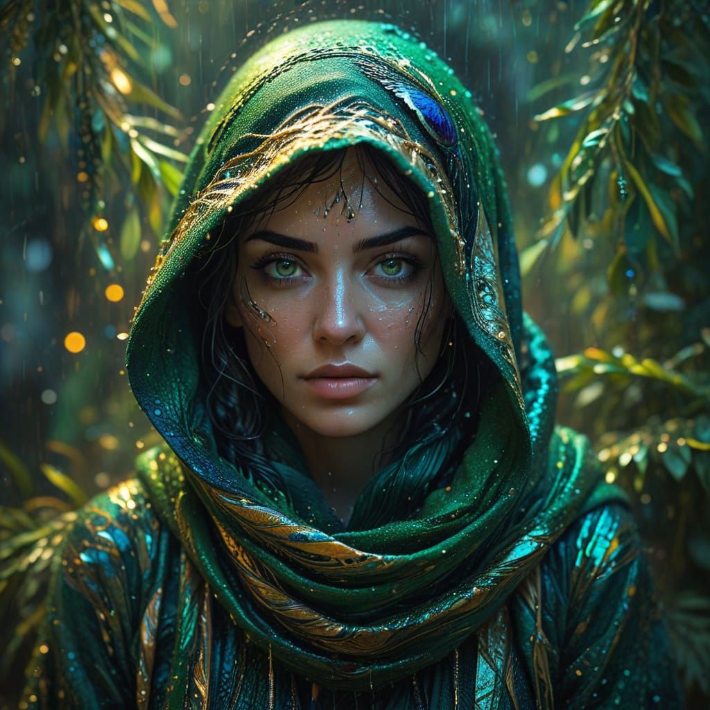 Enigmatic Woman in Vibrant Green, Surrealistic Art