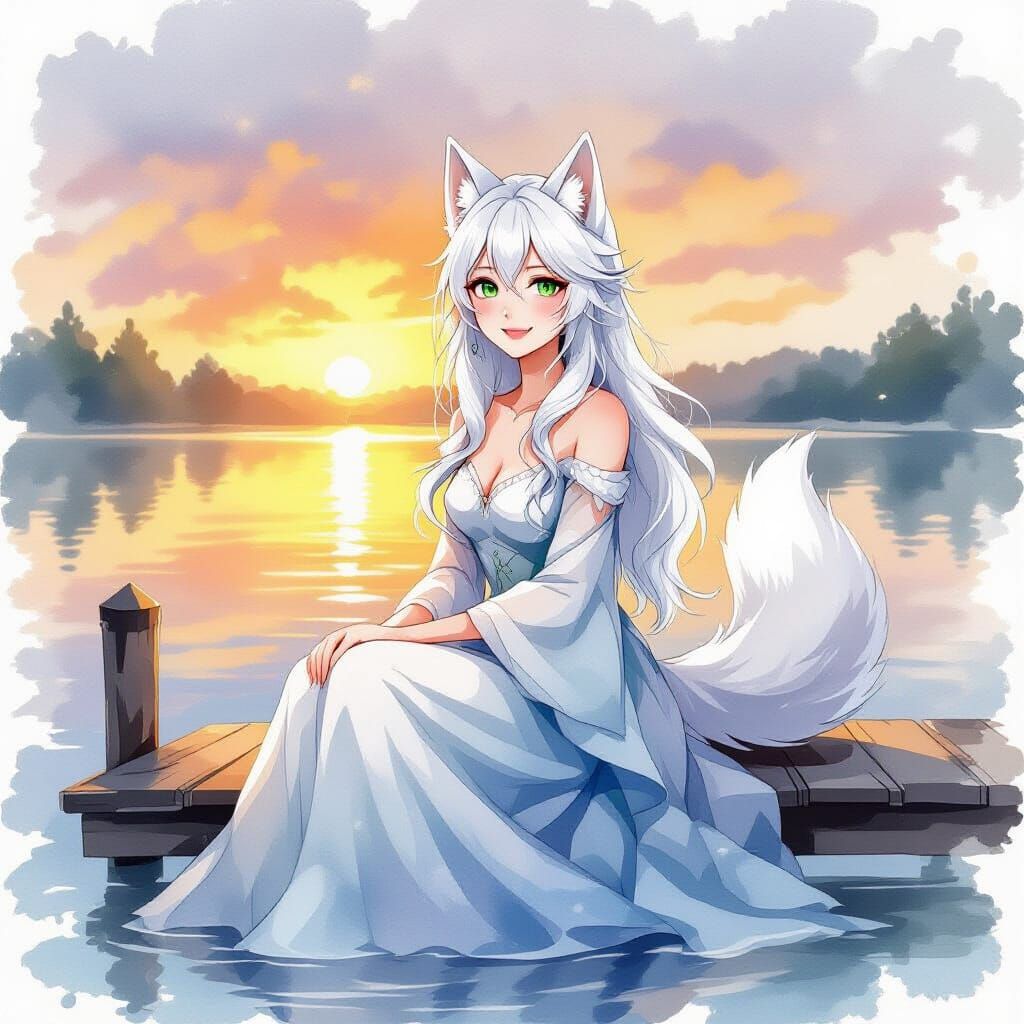 Wolf-Eared Woman on Dock at Dawn in Watercolor Style
