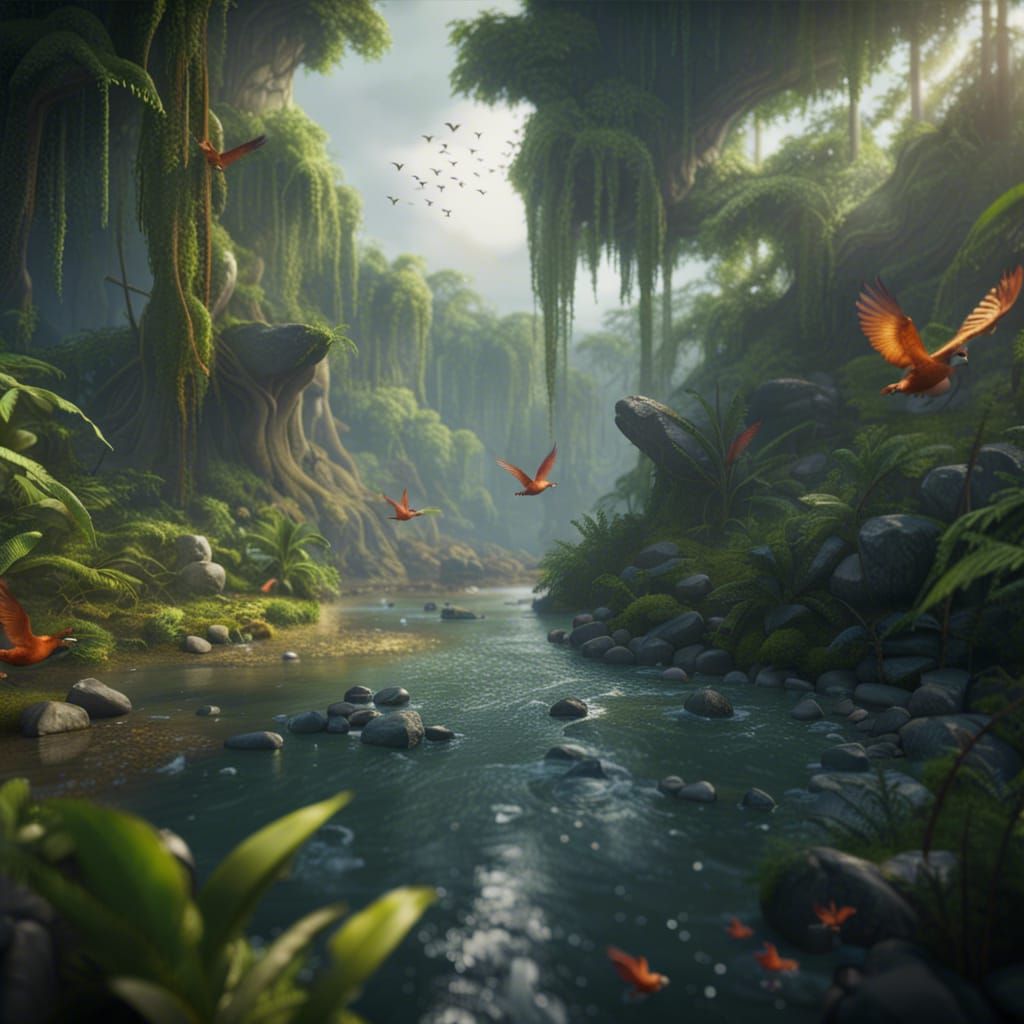 Lush Rainforest River Scene in Detailed Matte Painting