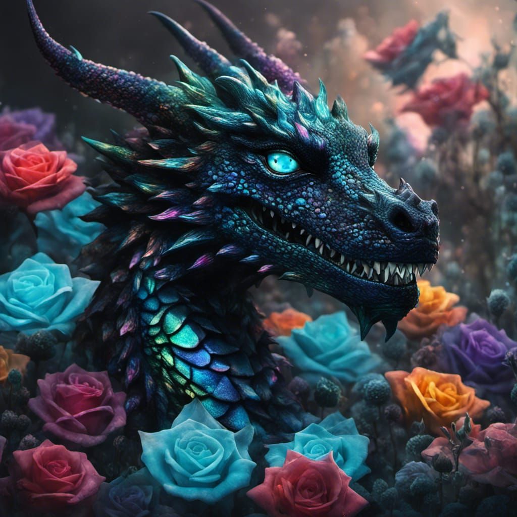 Iridescent Crystal Dragon in Bed of Roses