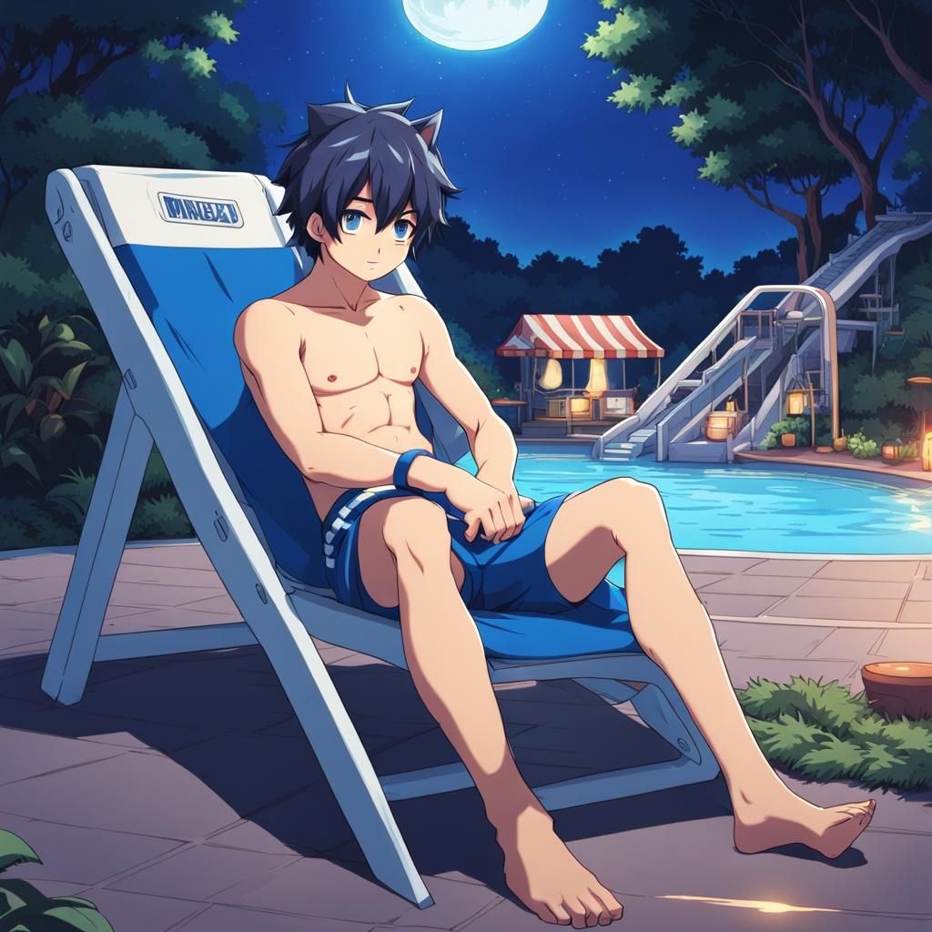 Anime Catboy at Moonlit Pool Waterslide