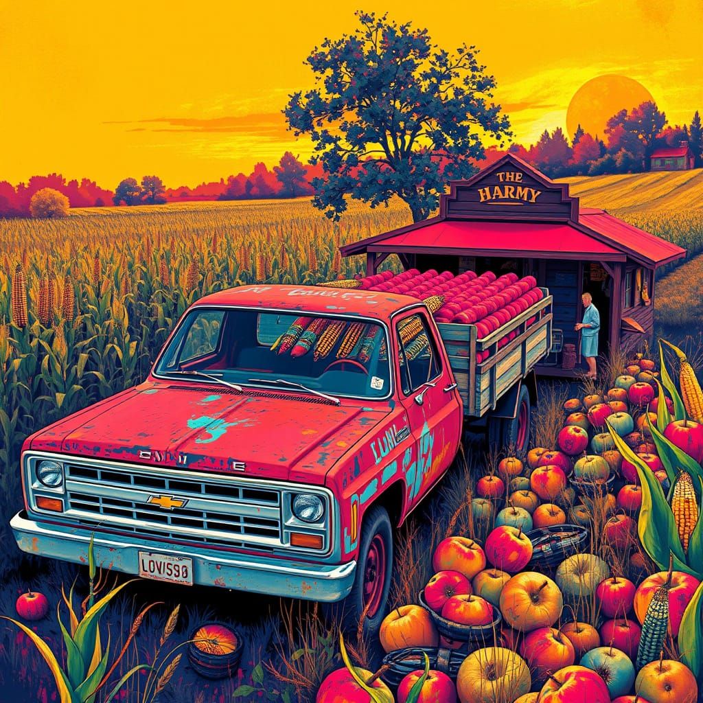 Cornfield Pickup Truck in Expressive Digital Art