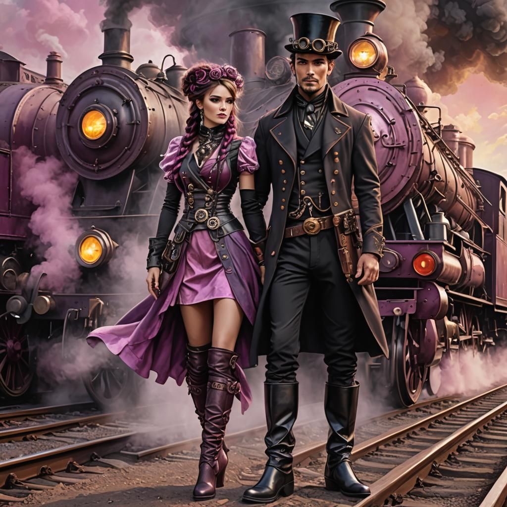 Steampunk Couple with Steam Train Backdrop
