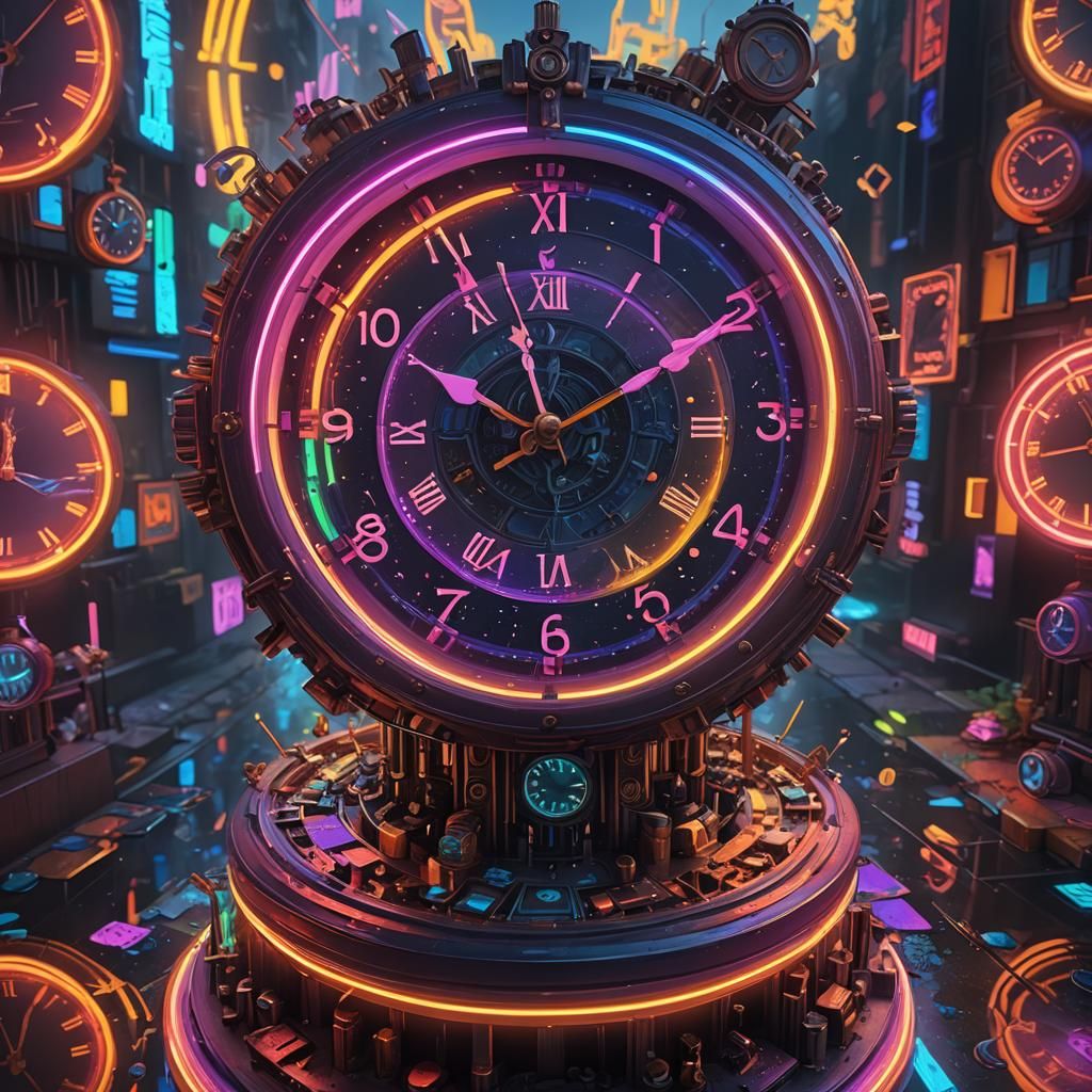 Rainbow Neon Clock in Detailed Matte Painting