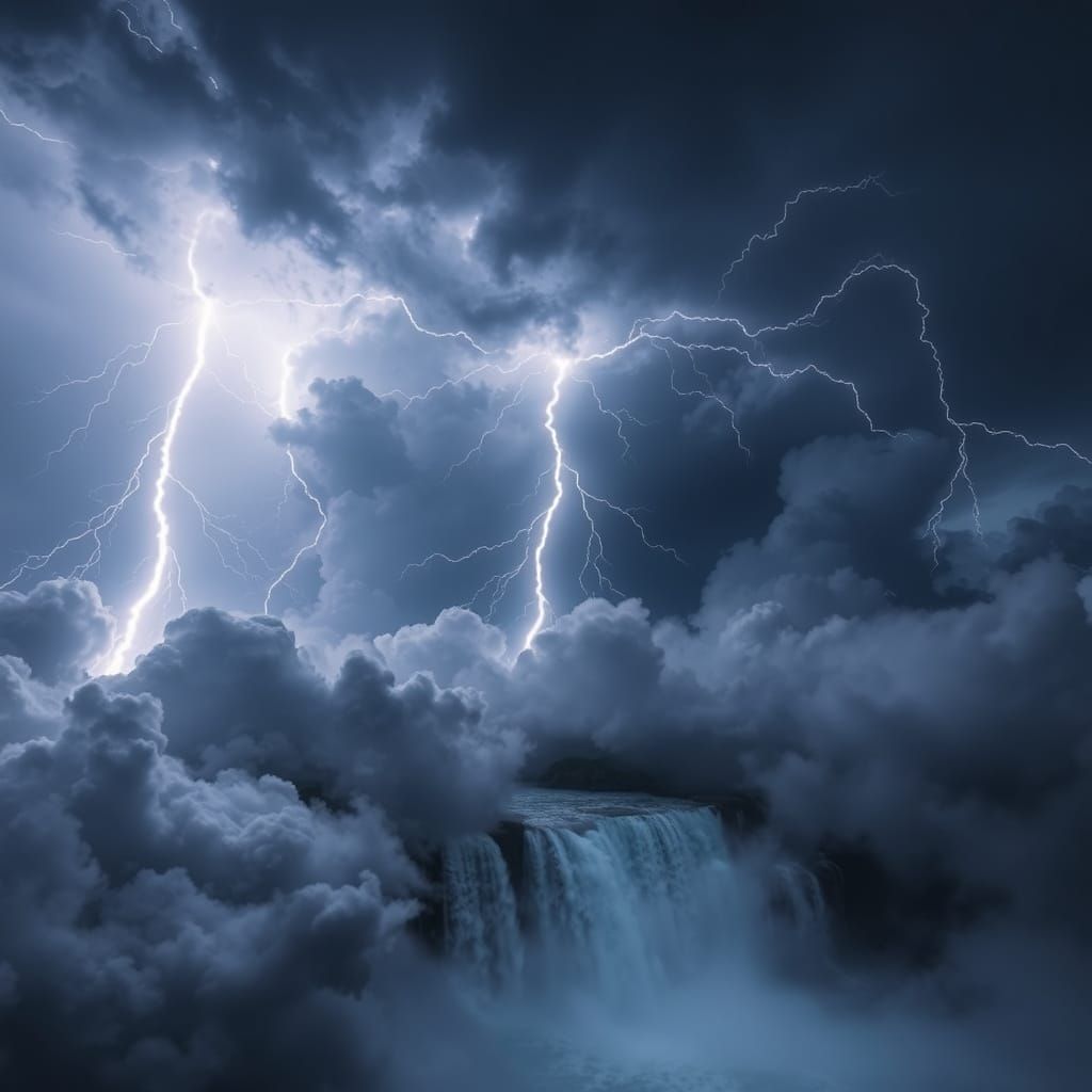 Dramatic Sky Waterfalls and Lightning Storm