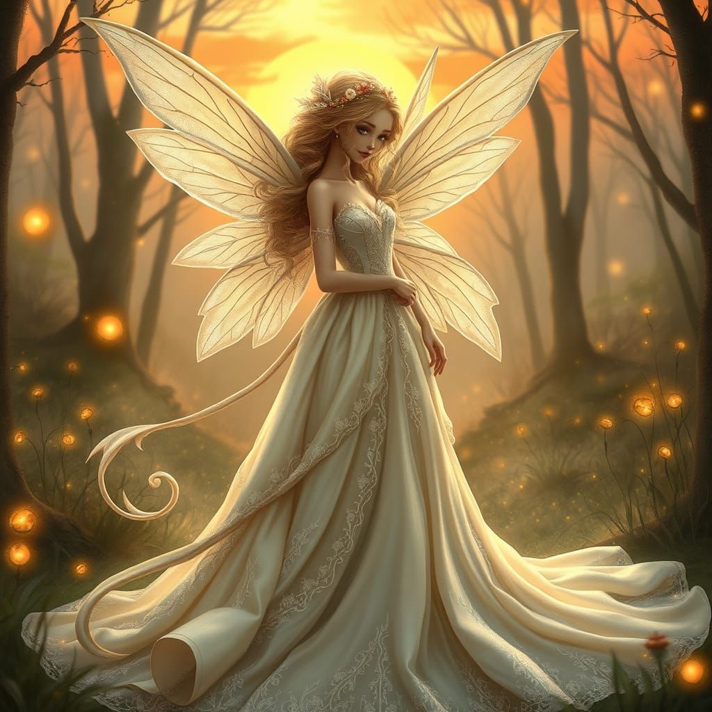 Ethereal Fairy in Woodland Wedding Dress at Sunset