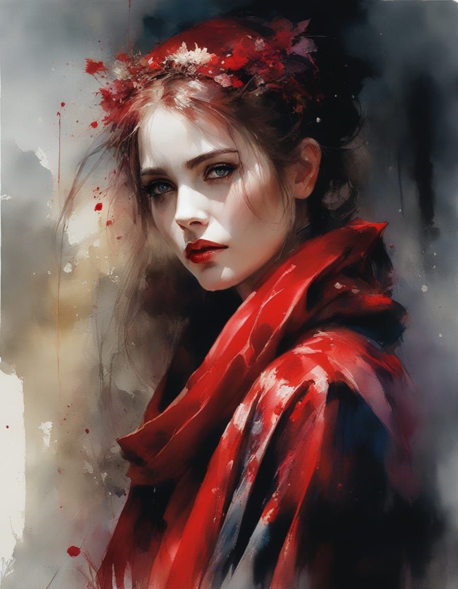 Goth Woman in Red Silk Robe Watercolor Portrait