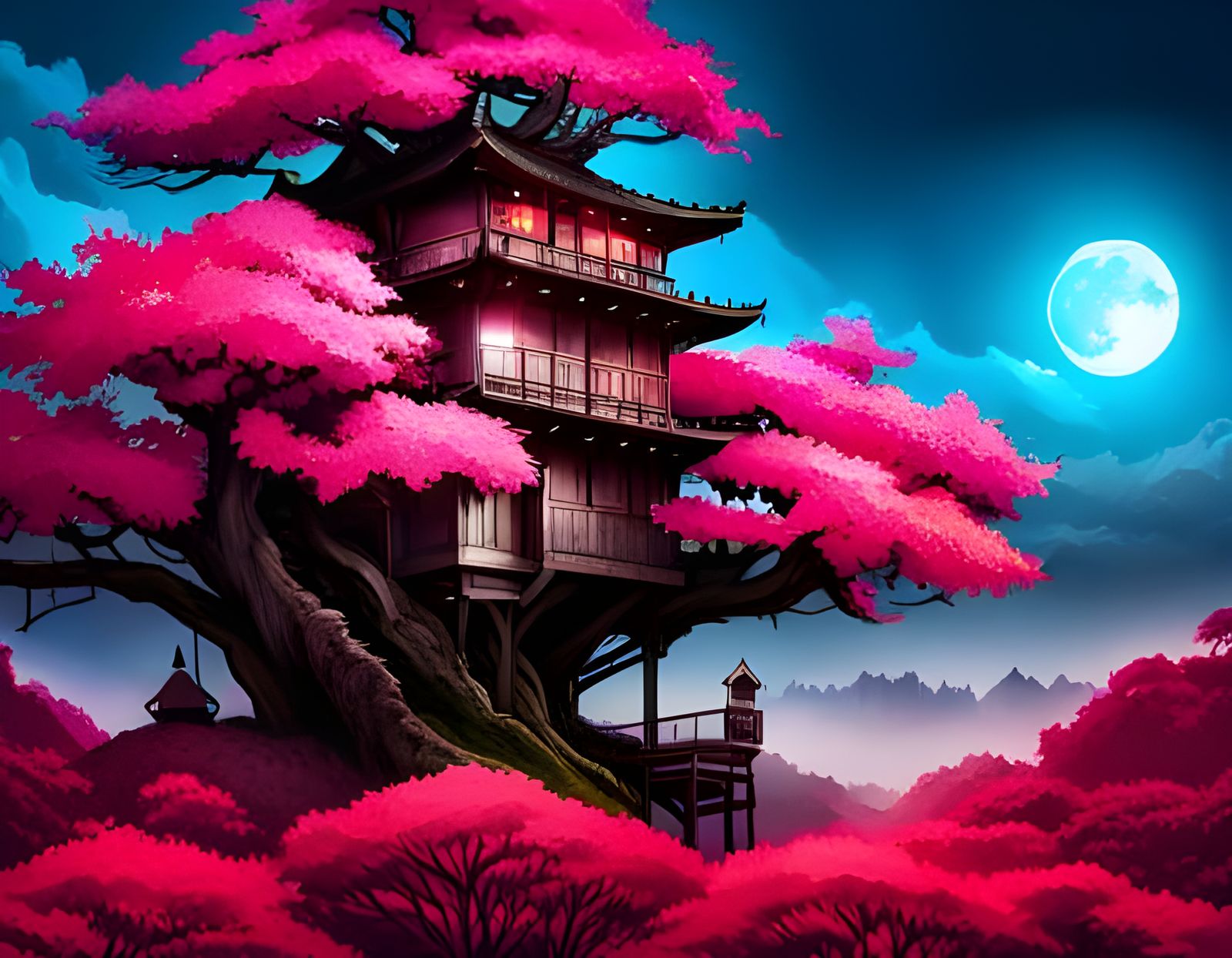 Red and Pink Bonsai Treehouse on Blue Night