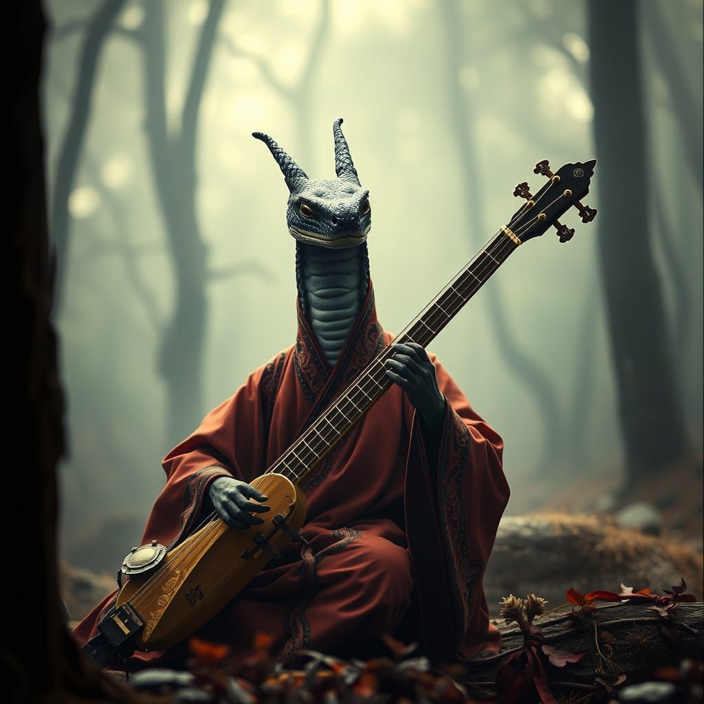 Snake Bard in Mystical Forest, Cinematic Still