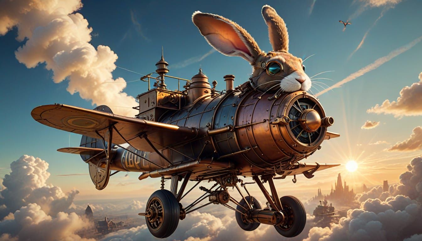 Steampunk Rabbit Soars Through the Skies in a Vibrant, Dream...