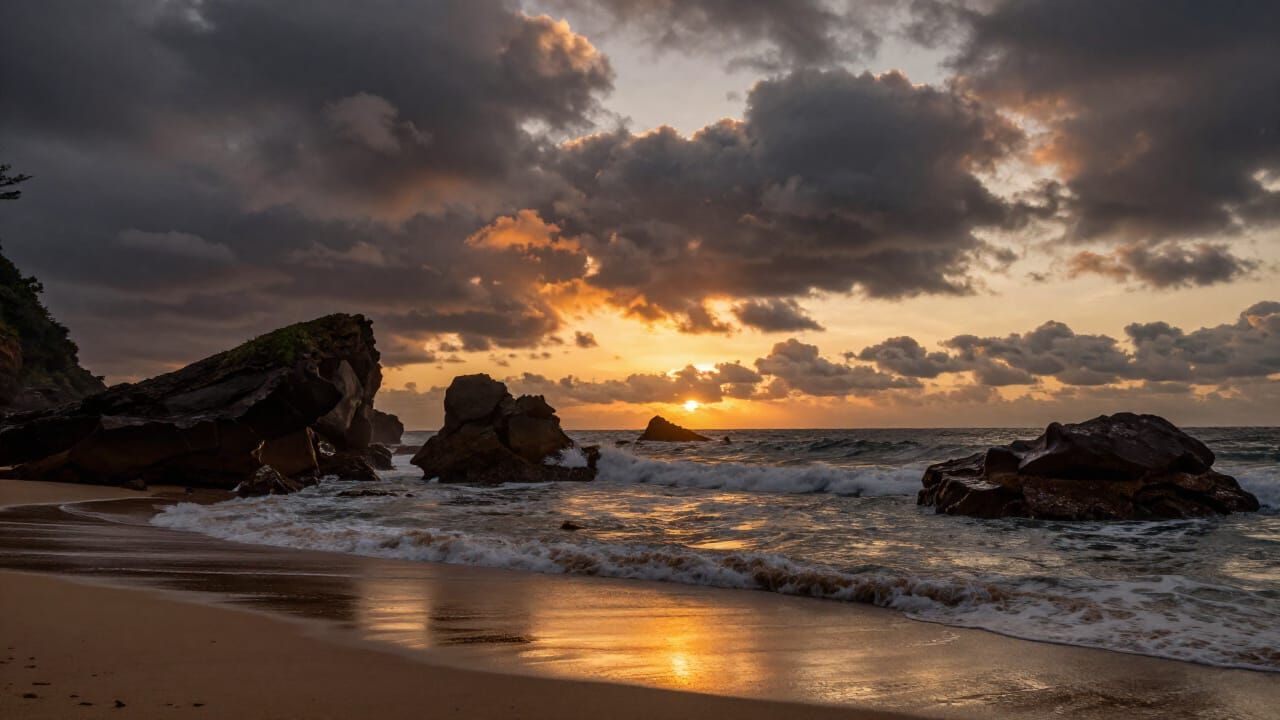 Dramatic Coastal Sunset with Golden Hour Light