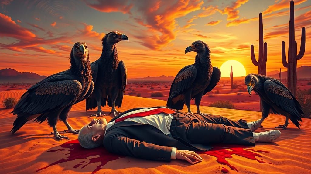Vultures Feast in Surreal Desert Sunset