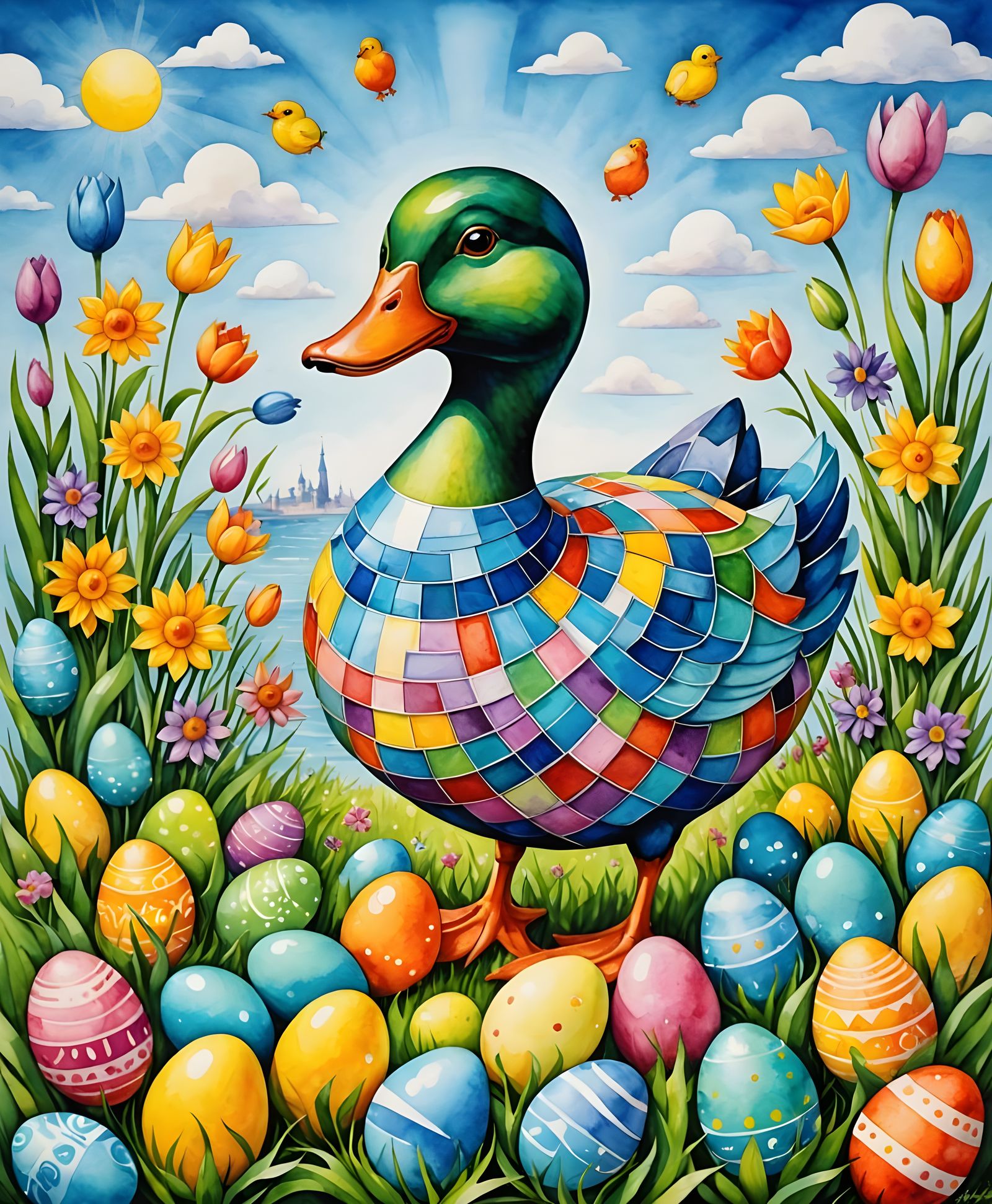 Cubist Easter Scene in Vibrant Watercolor