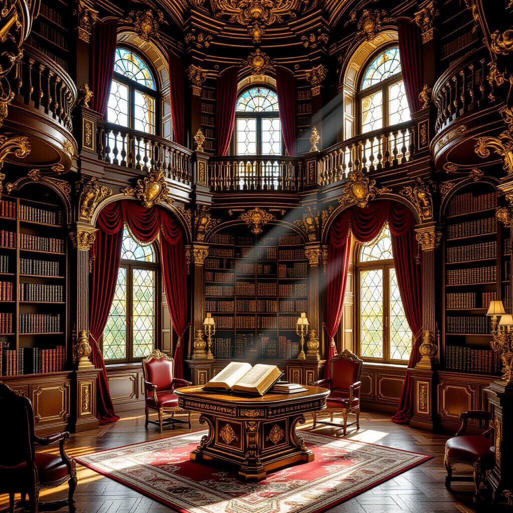 Opulent Baroque Library with Glowing Ancient Tome