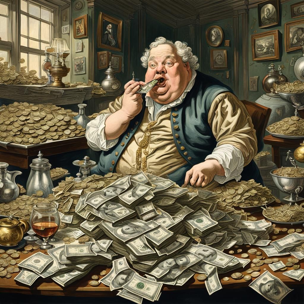 Satirical Gluttony: Man Eats Money in Hogarth Style