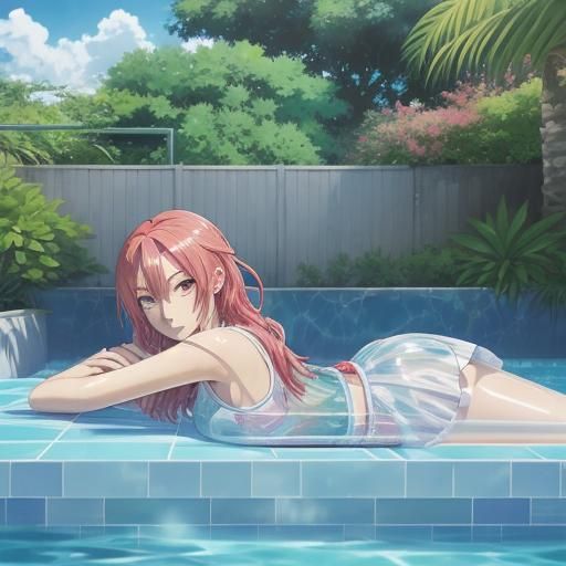 Anime Girl in Wet Bikini in Backyard Pool