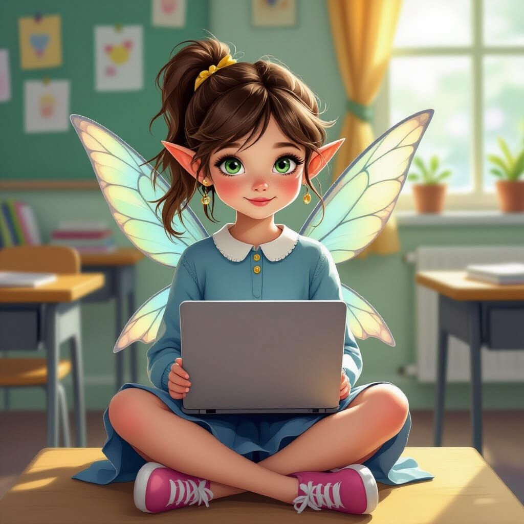 Fairy Girl Kaly with Laptop in Whimsical Classroom
